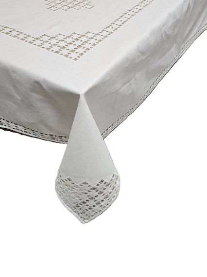 Obrus lniany ręcznie  haftowany mereżka Snutki biały
