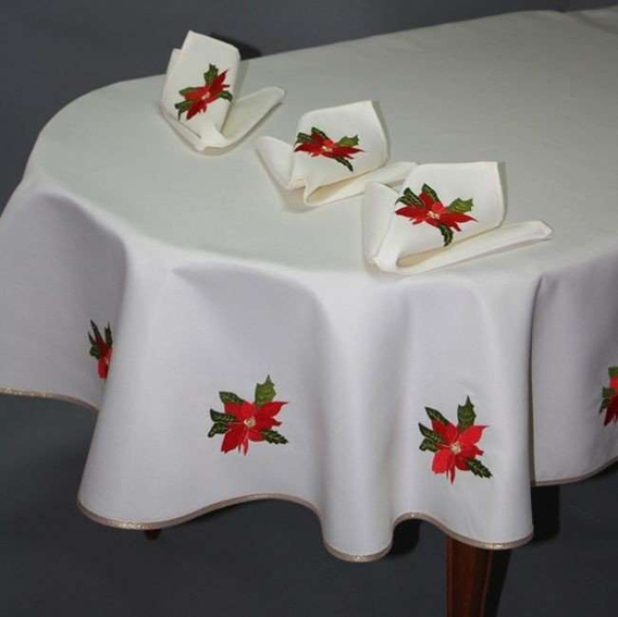 Obrus Świąteczny plamoodporny biały ze złotą lamówką Gwiazda Betlejemska owalny