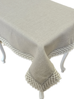 Obrus beżowy  lniany Zofia z beżową koronką prostokąt