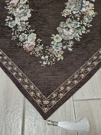 Bieżnik Gobelinowy brąz z szenilem Kwiaty wzór Róże 