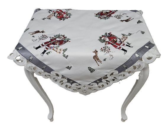 Świąteczna serweta biała haftowana Mikołaj 85x85