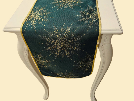 Bieżnik świąteczny plamoodporny dwustronny Śnieżynki zielono – złoty