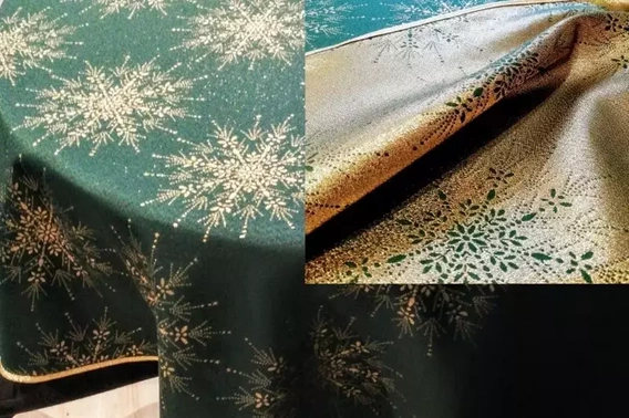 Obrus Świąteczny plamoodporny metalizowany dwustronny zielono - złoty - owal