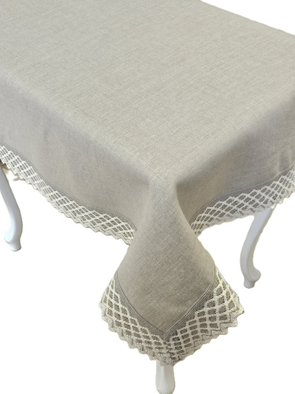 Obrus lniany Zofia z beżową koronką prostokąt