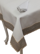 Obrus lniany biały Zofia z beżową koronką prostokąt