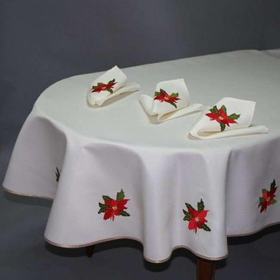 Obrus Świąteczny plamoodporny ecru ze złotą lamówką  Gwiazda Betlejemska owalny