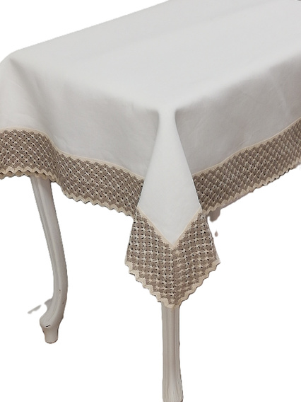 Obrus lniany biały Zofia z beżową koronką prostokąt