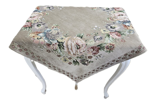 Serweta gobelinowa z szenilem beżowa Kwiaty wzór  Róże z chwostami 