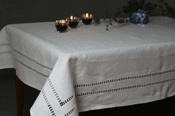 Obrus lniany ręcznie  haftowany mereżką Alina biały