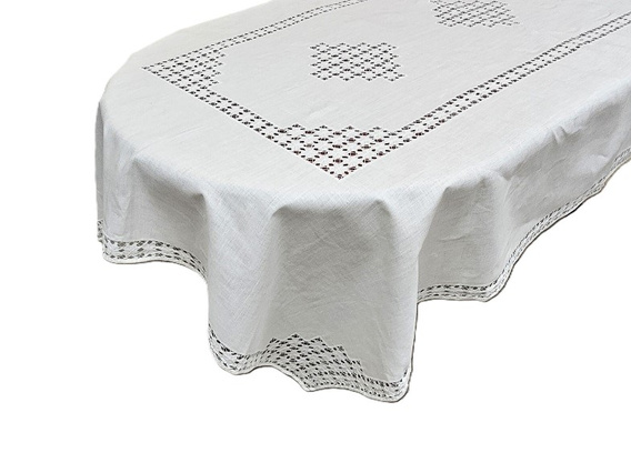 Obrus lniany ręcznie  haftowany mereżka Snutki biały