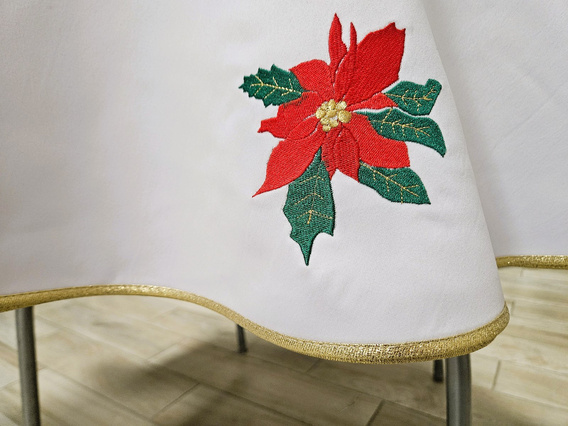 Obrus Świąteczny plamoodporny biały ze złotą lamówką Gwiazda Betlejemska owalny