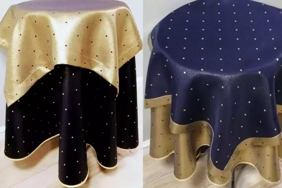 Obrus Świąteczny plamoodporny metalizowany dwustronny granatowo - złoty koło