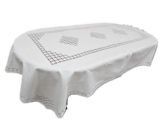 Obrus lniany ręcznie  haftowany mereżka Snutki biały