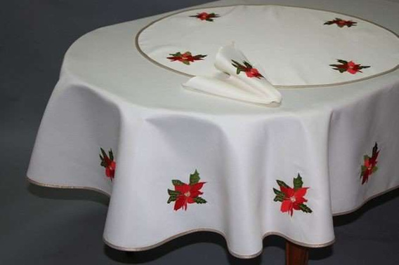 Obrus Świąteczny plamoodporny ecru ze złotą lamówką  Gwiazda Betlejemska owalny