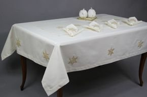 Obrus  Świąteczny plamoodporny jasny ecru haftowany Stella złoto