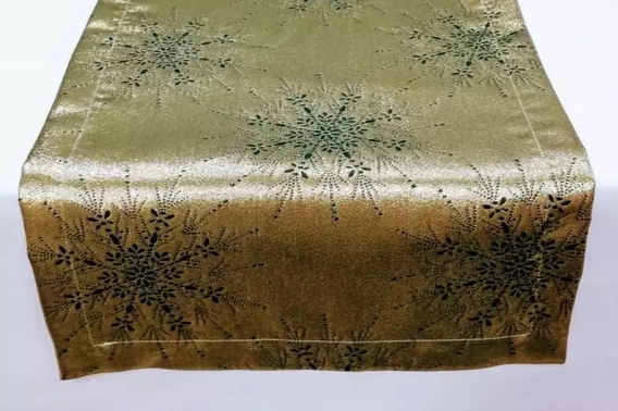 Bieżnik świąteczny plamoodporny dwustronny Śnieżynki zielono – złoty