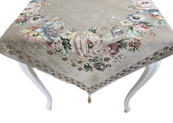 Serweta gobelinowa z szenilem beżowa Kwiaty wzór  Róże z chwostami 