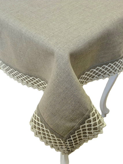 Obrus lniany Zofia z beżową koronką prostokąt