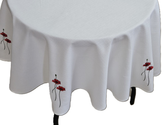 Obrus plamoodporny biały haftowany  Maki okrągły