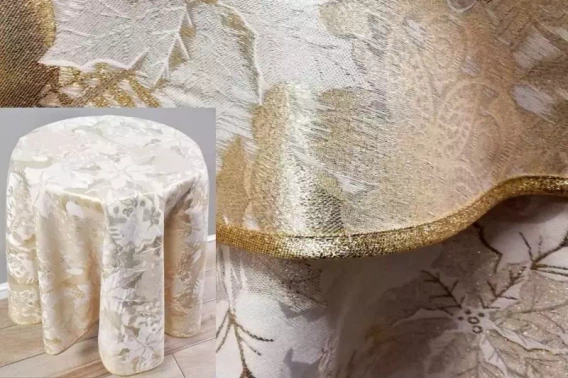 Obrus Świąteczny dwustronny plamoodporny ecru ze złotym Zimowy Ogród- koło