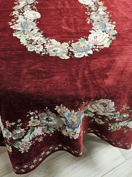 Obrus gobelinowy z szenilem bordo Kwiaty  wzór Róże 