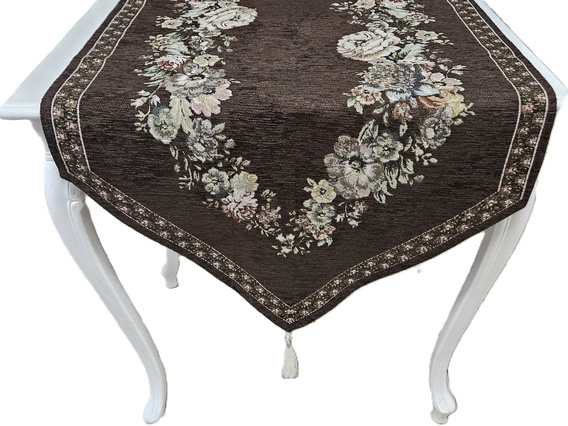 Bieżnik Gobelinowy brązowy z szenilem Kwiaty wzór Róże