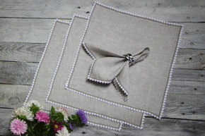Serwetka lniana szary melenż  z biało szarą koronką Zuza