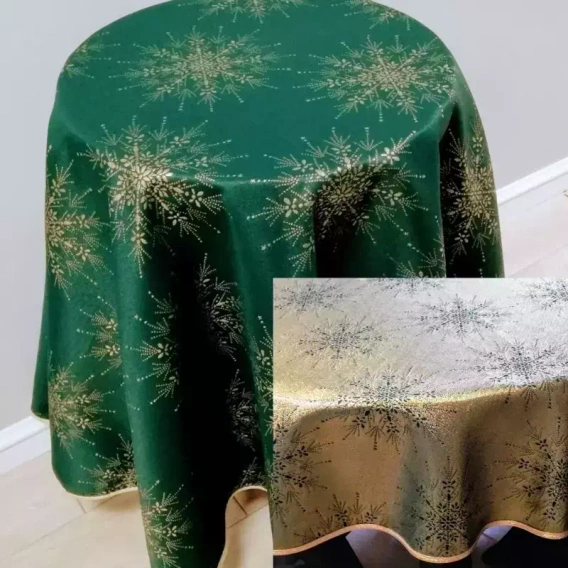 Obrus Świąteczny plamoodporny metalizowany dwustronny zielono - złoty - owal