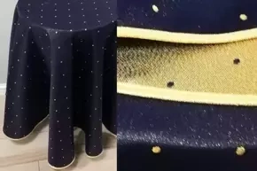 Obrus Świąteczny plamoodporny metalizowany dwustronny granatowo - złoty koło